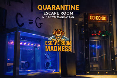 Quarantine-themed escape room in Midtown Manhattan with a glowing blue containment box, digital 60:00 countdown timer, and exposed puzzle electronics