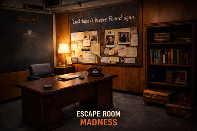 Escape room detective office set with wooden desk and rotary phone, lamp-lit evidence board pinned with photos and red string, bookshelf and vintage suitcases for a moody mystery game scene