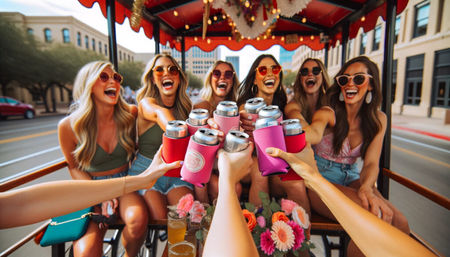 Friends toasting canned drinks in colorful koozies on a sunny downtown pedal-party bike, laughing in sunglasses with a floral centerpiece
