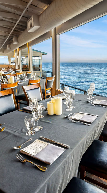 Coastal waterfront restaurant interior with panoramic ocean view, long black-tablecloth table set for dinner with wine glasses, candles and wooden chairs beside floor-to-ceiling windows