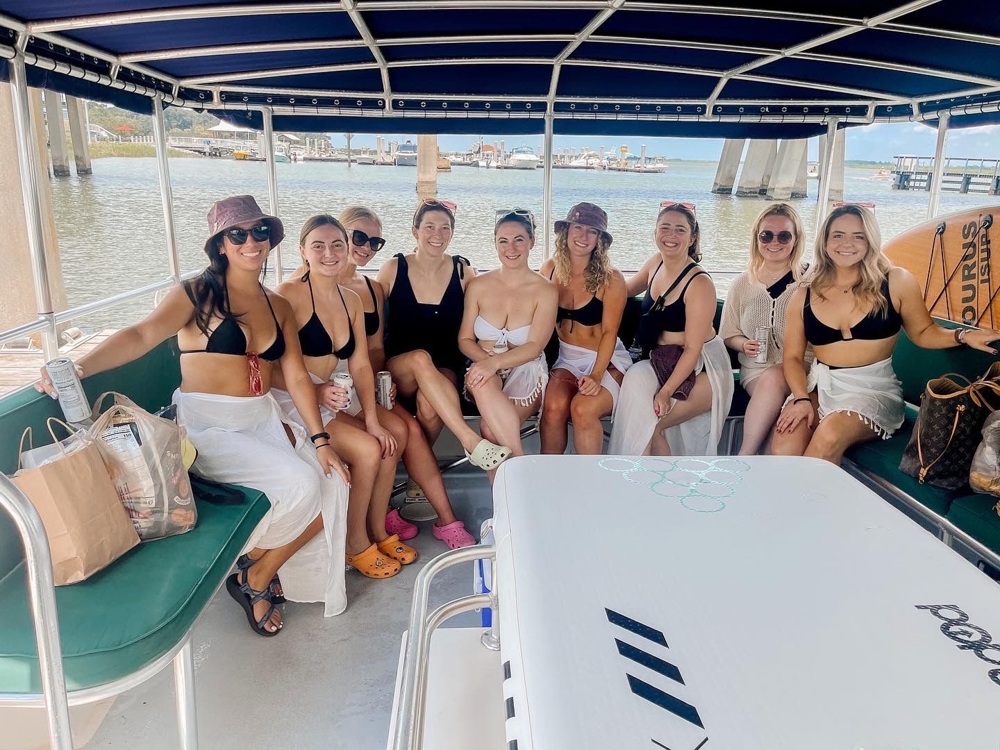 Nine women in bikinis and cover-ups smiling and holding drinks on a covered pontoon boat at a sunny marina dock with calm coastal water.