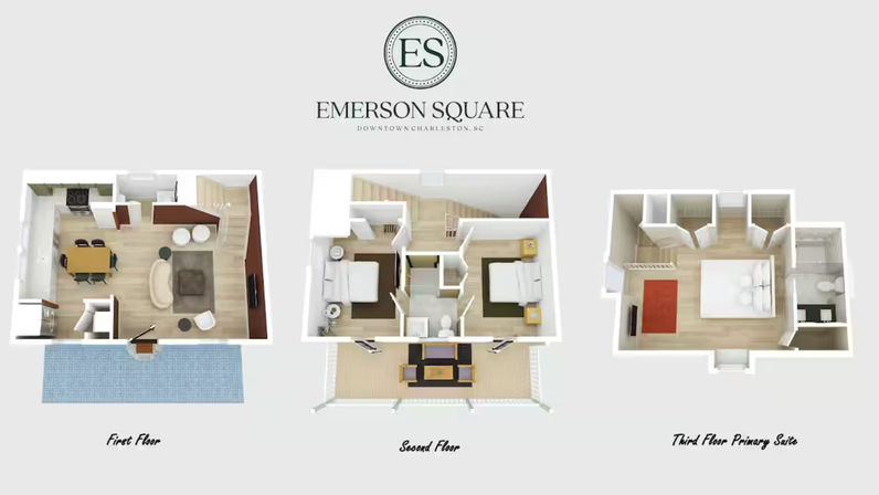 3D three-story townhouse floor plan rendering showing first-floor open kitchen/dining/living, second-floor two bedrooms with shared bath and front porch, and third-floor primary suite with ensuite bathroom and walk-in closets.