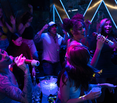 Lively karaoke night in a neon-lit bar — a crowd singing into microphones, holding drinks around a table with an ice bucket.