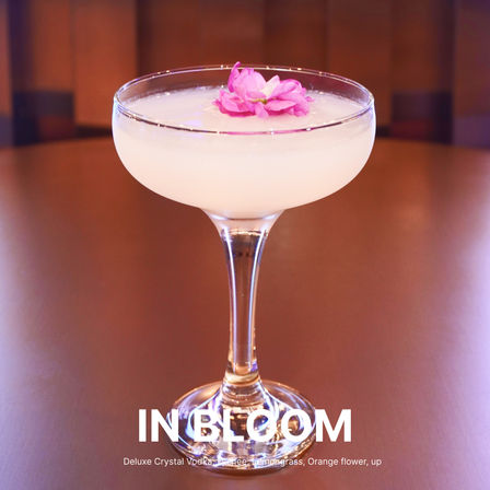 Pale pink craft cocktail in a coupe glass topped with a small pink flower garnish, photographed on a wood bar table with “IN BLOOM” text overlay