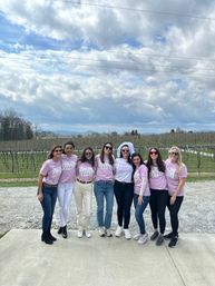 Eight friends in matching “Dancing Queens” shirts with a bride in a veil posing at a vineyard with rows of grapevines and distant mountains under a dramatic cloudy sky.