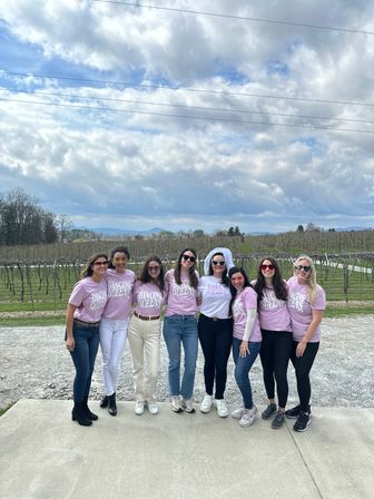 Eight friends in matching “Dancing Queens” shirts with a bride in a veil posing at a vineyard with rows of grapevines and distant mountains under a dramatic cloudy sky.