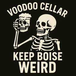 Vintage-style cream-on-black graphic of a skeleton holding a skull-shaped beer mug with bold slogan 'Keep Boise Weird' — playful, punk city design.