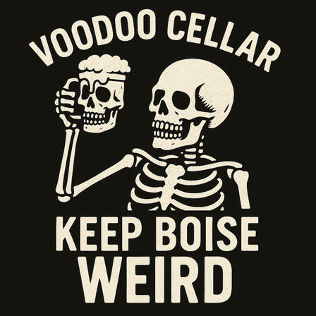Vintage-style cream-on-black graphic of a skeleton holding a skull-shaped beer mug with bold slogan 'Keep Boise Weird' — playful, punk city design.