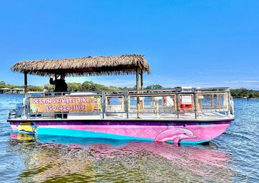 Playful pink and turquoise tiki pontoon boat with a thatched roof and dolphin mural floating on calm coastal waters under a clear blue sky.