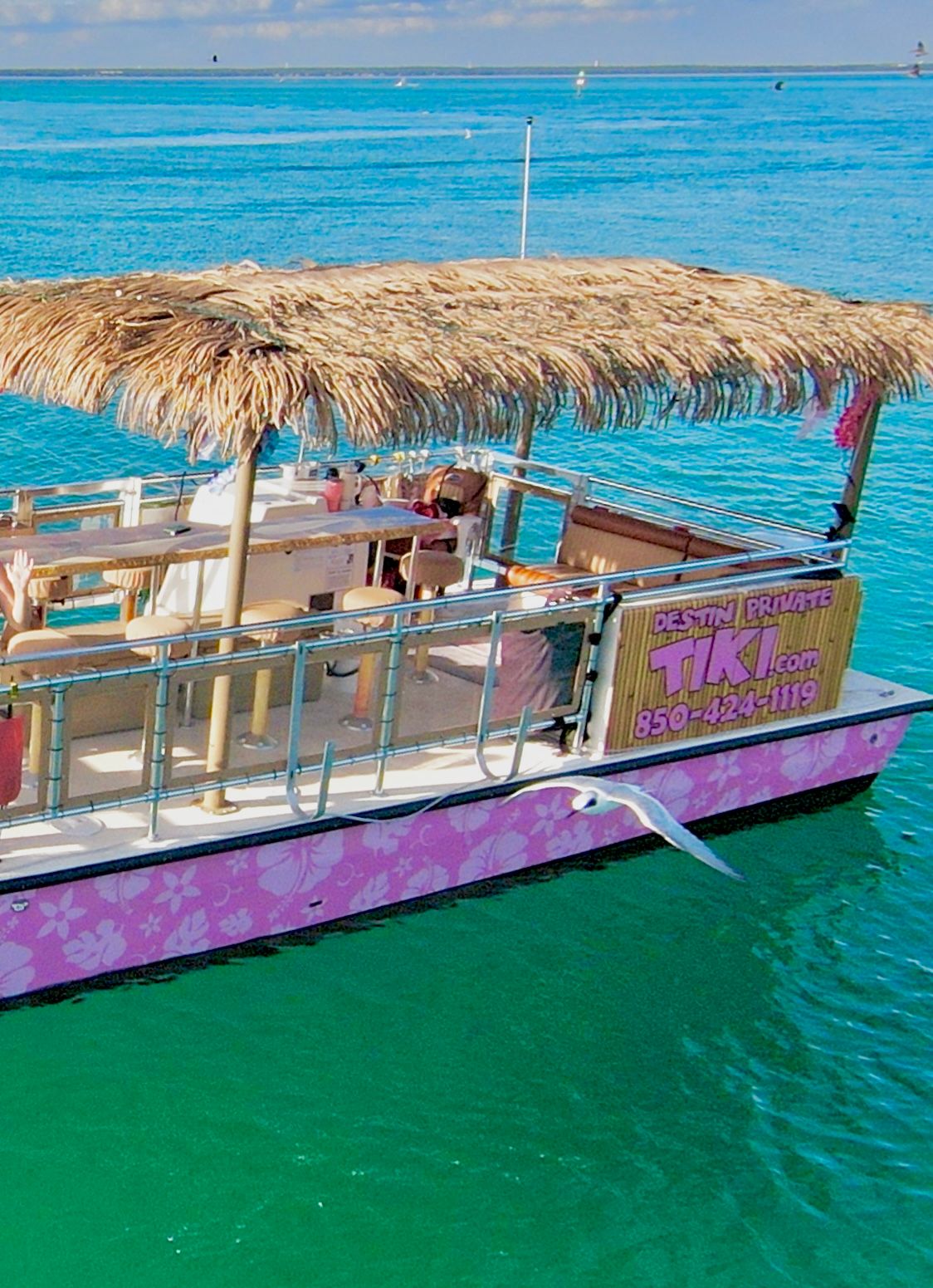 Pink tiki-style party boat with a thatched palm roof and bar seating floating on clear turquoise water under a sunny sky, a seagull gliding nearby.