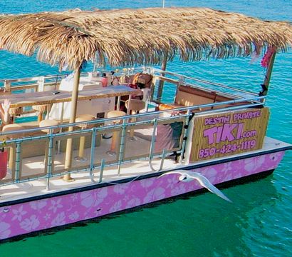 Pink tiki-style party boat with a thatched palm roof and bar seating floating on clear turquoise water under a sunny sky, a seagull gliding nearby.