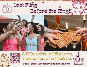 Bachelorette party in Sedona, AZ — group of women outdoors toasting with wine, bride in a 'Bride' tank top, nearby tarot card reading by candlelight and festive confetti banner reading 'Last Fling Before the Ring'.