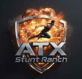 Bold metallic action logo showing a stunt performer mid‑leap across a shield emblem with fiery explosion, flying sparks, and large 3D silver lettering