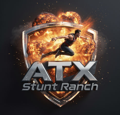 Bold metallic action logo showing a stunt performer mid‑leap across a shield emblem with fiery explosion, flying sparks, and large 3D silver lettering