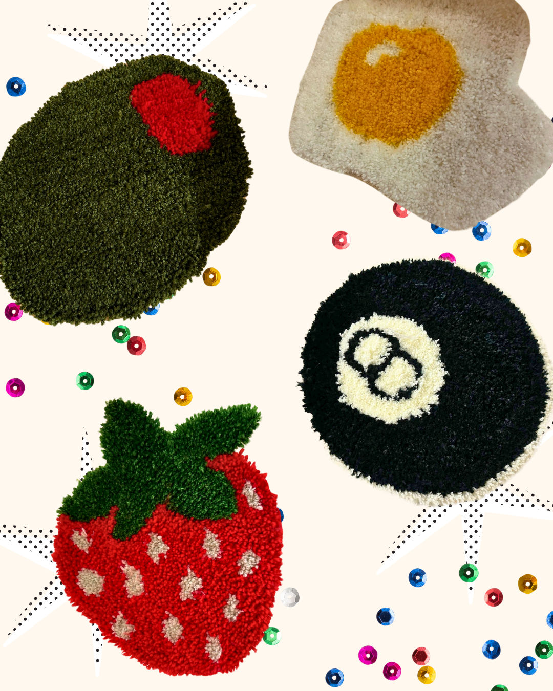 Playful tufted rug patches — avocado with red pimento, sunny-side-up egg, black eight-ball, and strawberry — on a pale backdrop with scattered colorful sequins, quirky home decor