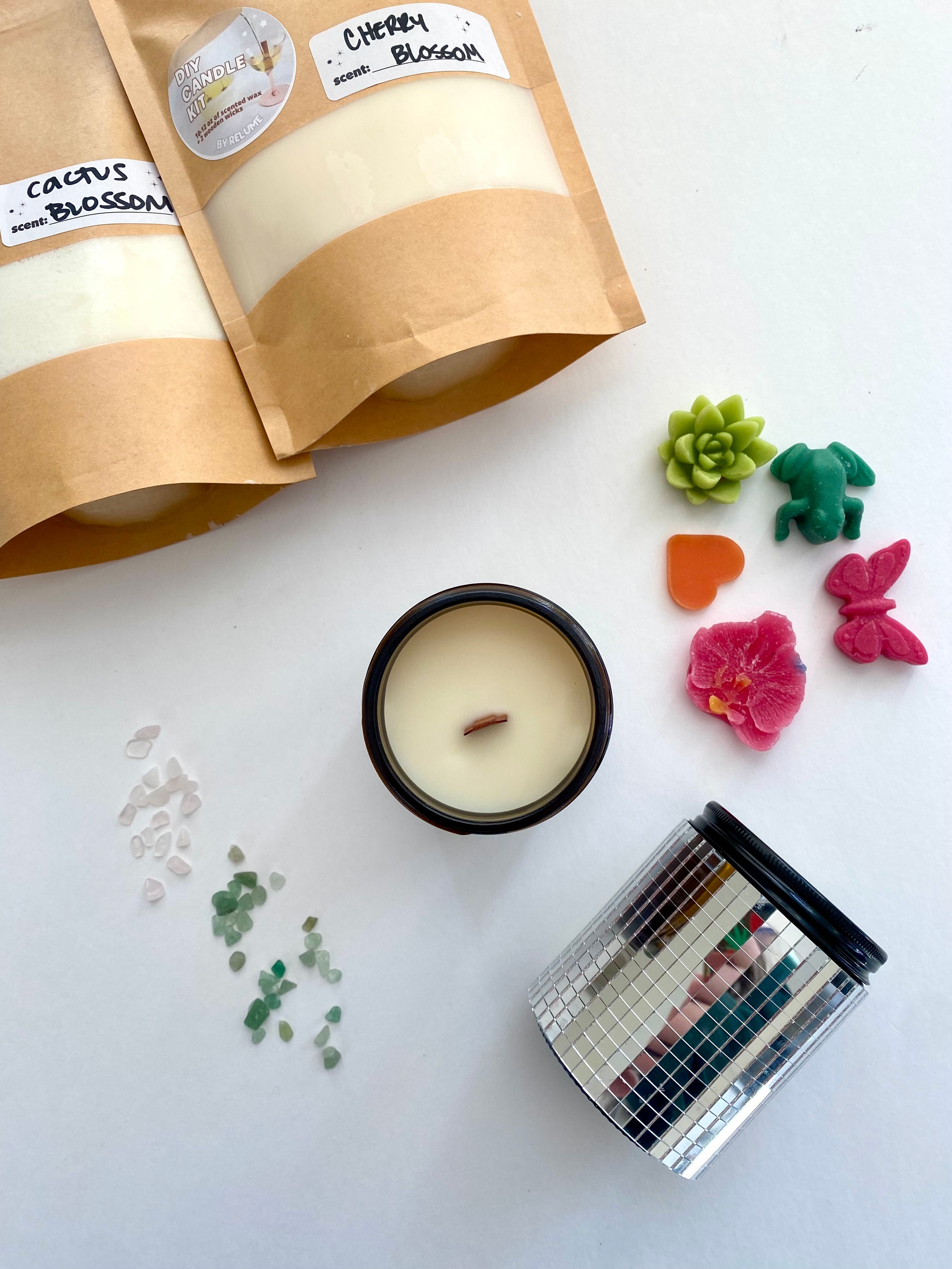 Flat-lay of DIY candle-making supplies on white background: two kraft pouches of scented wax (cherry and cactus blossom), an amber jar soy candle with wooden wick, colorful shaped wax melts (succulent, frog, heart, butterfly, flower), scattered sea-glass chips and a small mirrored jar.