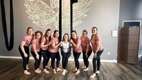 Nine women in matching pink shirts and black leggings posing barefoot around aerial silks in a yoga studio, a woman in a white top at center, with a large decorative wing mural on the gray wall behind them.