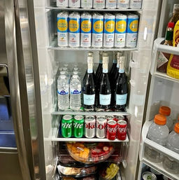 Open stainless-steel kitchen refrigerator neatly stocked with canned hard seltzers on the top shelf, bottled water and sparkling wine on the middle shelf, soda cans and pre-cut fruit bowls below, and sports drinks in the door.