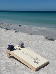 Sunny beach with a cornhole board and stacked bean bags on white sand, seabirds gathered along the turquoise shoreline and a distant boat on the horizon.