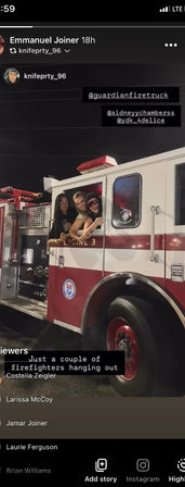 Three friends leaning out of a red-and-white fire truck cab labeled Engine 3 at night, smiling and posing in a social media story screenshot with viewer and icon overlays.