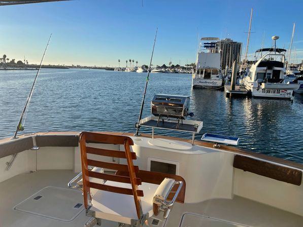 Sunlit boat deck with wooden captain's chair, fishing rods and a grill overlooking a calm marina of yachts, palm trees and clear blue sky.