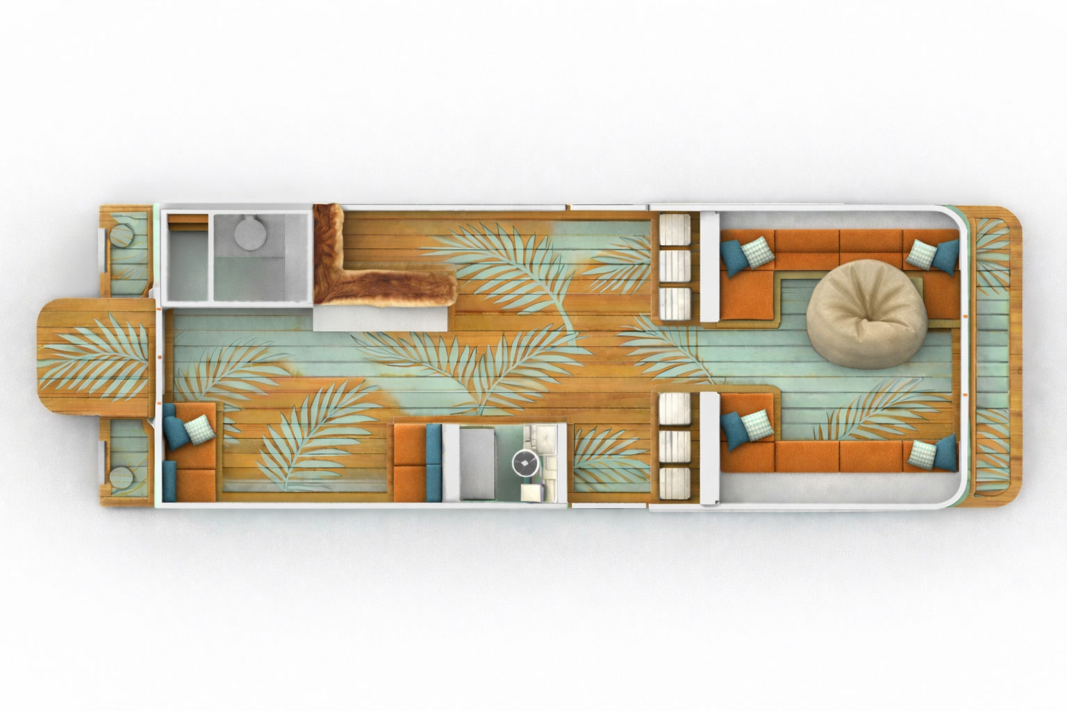 Top-down tiny house floor plan with teal-stained wooden planks and tropical palm-leaf stencil, orange L-shaped sofas with blue pillows, large beige bean bag, compact kitchenette, bathroom, built-in bench seating and a cozy fur-covered daybed.