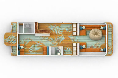 Top-down tiny house floor plan with teal-stained wooden planks and tropical palm-leaf stencil, orange L-shaped sofas with blue pillows, large beige bean bag, compact kitchenette, bathroom, built-in bench seating and a cozy fur-covered daybed.