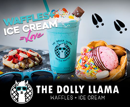 Vibrant turquoise milkshake with sprinkles and candy beside two bubble-waffle ice cream desserts—pink scoop, chocolate drizzle and colorful toppings—playful llama logo and ‘waffles & ice cream’ signage.