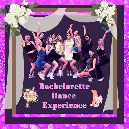 Playful purple poster featuring a group of women in dance poses under stage curtains and floral accents with the headline “Bachelorette Dance Experience” — bridal-themed promo for bachelorette party dance classes, girls’ night out, and bridal shower events.