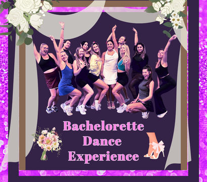 Playful purple poster featuring a group of women in dance poses under stage curtains and floral accents with the headline “Bachelorette Dance Experience” — bridal-themed promo for bachelorette party dance classes, girls’ night out, and bridal shower events.