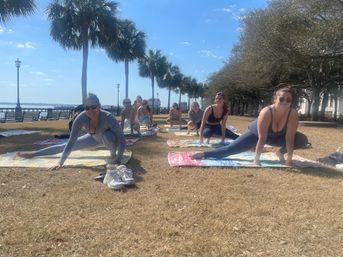 Outdoor yoga class of women stretching on colorful mats in a sunny, palm-lined waterfront park by a promenade.