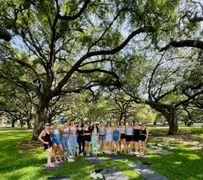 Outdoor park yoga: a group of women lined up on mats beneath sprawling live oak branches, enjoying a sunlit green lawn and dappled shade.
