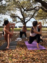 Outdoor yoga session in a sunlit park — people practicing low-lunge twist poses on colorful mats amid fallen leaves beneath large oak trees.