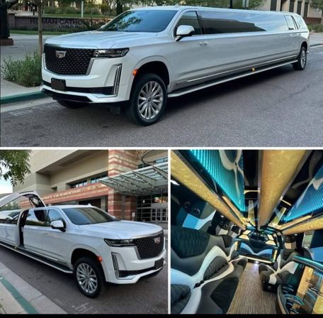 White luxury stretched SUV limousine parked curbside in a downtown setting; inset shows LED-lit party interior with black-and-white leather seating, wood flooring and built-in bar.