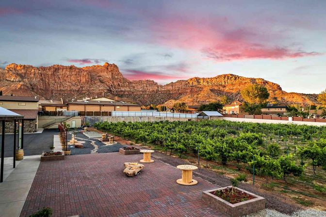 Vineyard patio and rows of grapevines at sunset beneath towering red‑rock cliffs and pink clouds in a Southwestern canyon landscape.