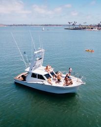 White motor yacht anchored in a sunny coastal bay with people socializing and sunbathing on deck, sailboats and a palm-lined marina on the horizon and a kayaker nearby.