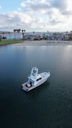 White sportfishing yacht anchored in a calm coastal harbor near a palm‑lined beachfront with seaside homes under a partly cloudy sky