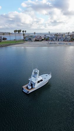 White sportfishing yacht anchored in a calm coastal harbor near a palm‑lined beachfront with seaside homes under a partly cloudy sky