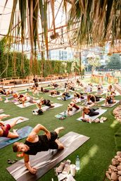 Sunlit urban outdoor yoga class on artificial turf under a shaded pergola with hanging palms and ivy, many people on mats doing side-plank stretches with city buildings in the background.