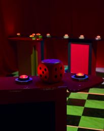 Neon-lit game show set with an oversized red die on a glossy podium, glowing red buzzer buttons and a green-and-black checkered floor.