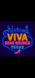 Neon-style sign: marquee yellow "VIVA", pink "DRAG BRUNCH", aqua "VEGAS", Las Vegas skyline outlines and a sparkly pink high-heel silhouette on a dark background.