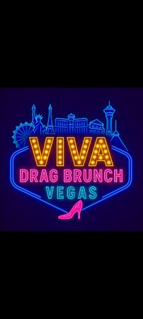 Neon-style sign: marquee yellow "VIVA", pink "DRAG BRUNCH", aqua "VEGAS", Las Vegas skyline outlines and a sparkly pink high-heel silhouette on a dark background.