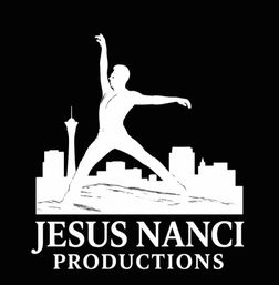 White silhouette of a leaping dancer over a stylized Las Vegas skyline with an observation tower, bold production-company logo on a black background