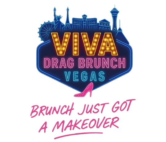 Neon marquee-style logo reading “VIVA Drag Brunch Vegas” with Las Vegas skyline silhouettes, a pink high heel, and the slogan “Brunch just got a makeover”