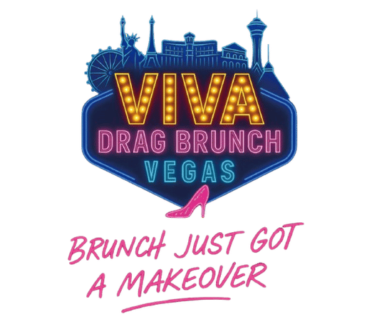 Neon marquee-style logo reading “VIVA Drag Brunch Vegas” with Las Vegas skyline silhouettes, a pink high heel, and the slogan “Brunch just got a makeover”