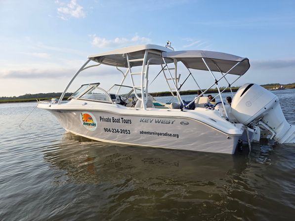 White private tour boat with canopy and outboard engine, passengers relaxing under shade, anchored in a calm coastal marsh at golden hour