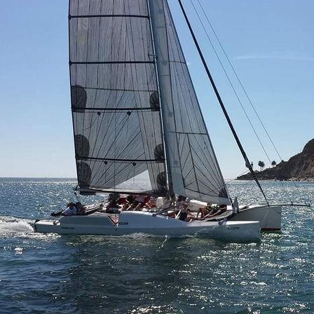 Sleek catamaran sailboat with tall gray sails and crew gliding across a sunlit, sparkling ocean near coastal cliffs and palm trees
