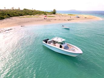 White center-console boat anchored in clear turquoise water off a remote sandy tropical beach with palm trees, a small dinghy in the background, and sunbathers under umbrellas.