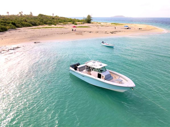 White center-console boat anchored in clear turquoise water off a remote sandy tropical beach with palm trees, a small dinghy in the background, and sunbathers under umbrellas.