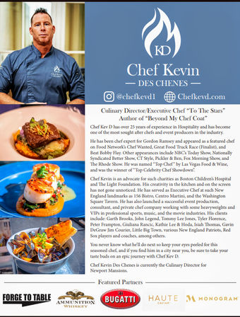 Promotional executive chef profile flyer: portrait of a chef in a blue coat beside a flame logo, three gourmet plates (scallop, braised short rib, mussels), biography text and partner logos for upscale catering and private events.